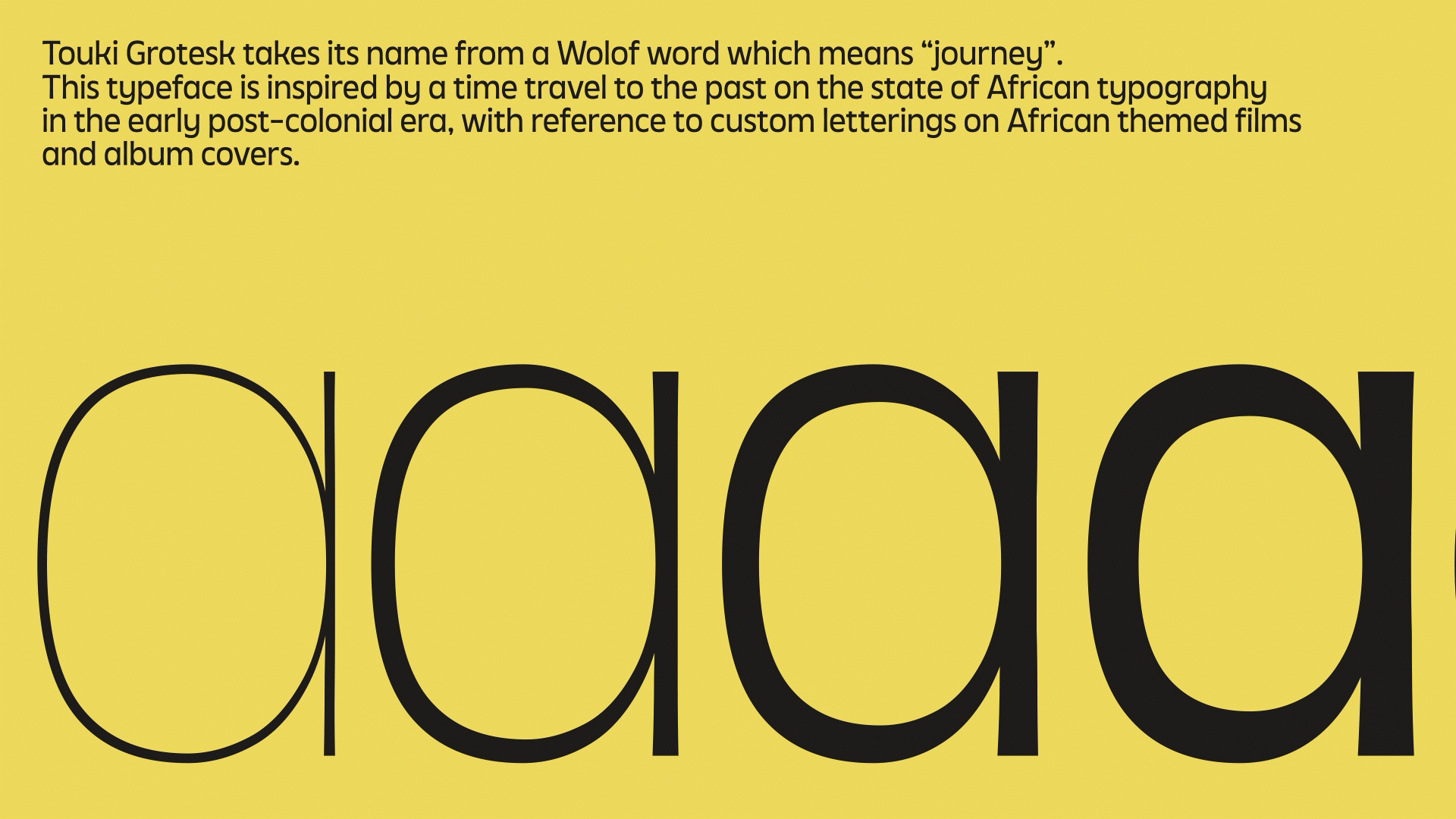 Touki Grotesk typeface preview showing all weights and styles